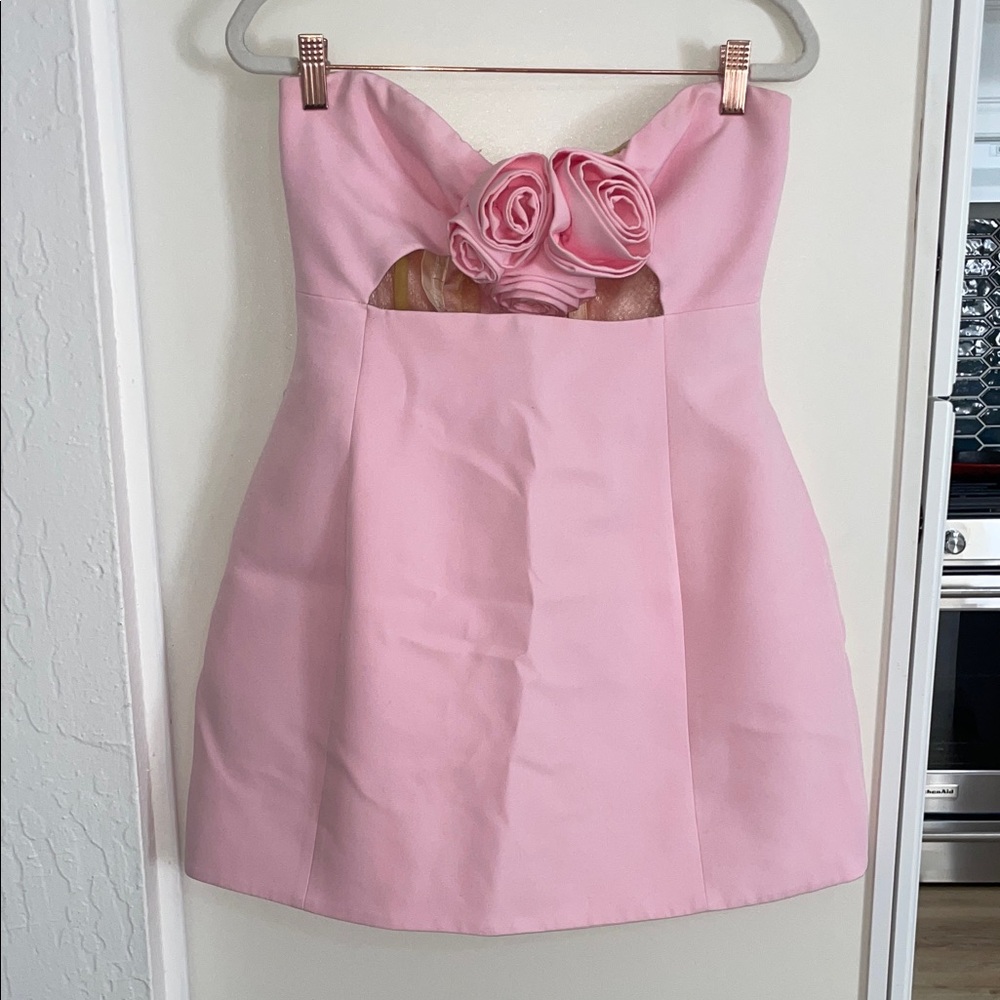 Pink Strapless Cutout Flower Front Mini Dress | L - Picture 3 of 17